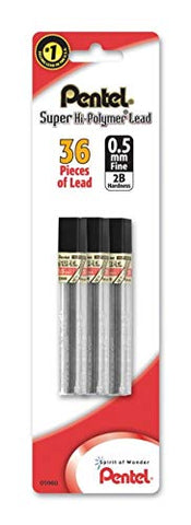 Pentel Super Hi-Polymer Lead Refill (0.5mm), Fine, 2B, 36 Pieces of Lead (C505BP32B-K6)