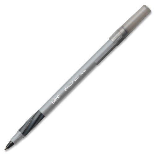BIC Round Stic Grip Xtra-Comfort Ballpoint Pens, Medium Point, 1.2 mm, Gray Barrel, Black Ink, Pack Of 12 Pens