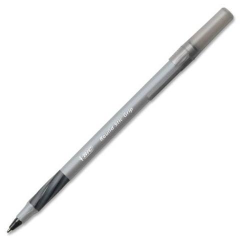 BIC Round Stic Grip Xtra-Comfort Ballpoint Pens, Medium Point, 1.2 mm, Gray Barrel, Black Ink, Pack Of 12 Pens
