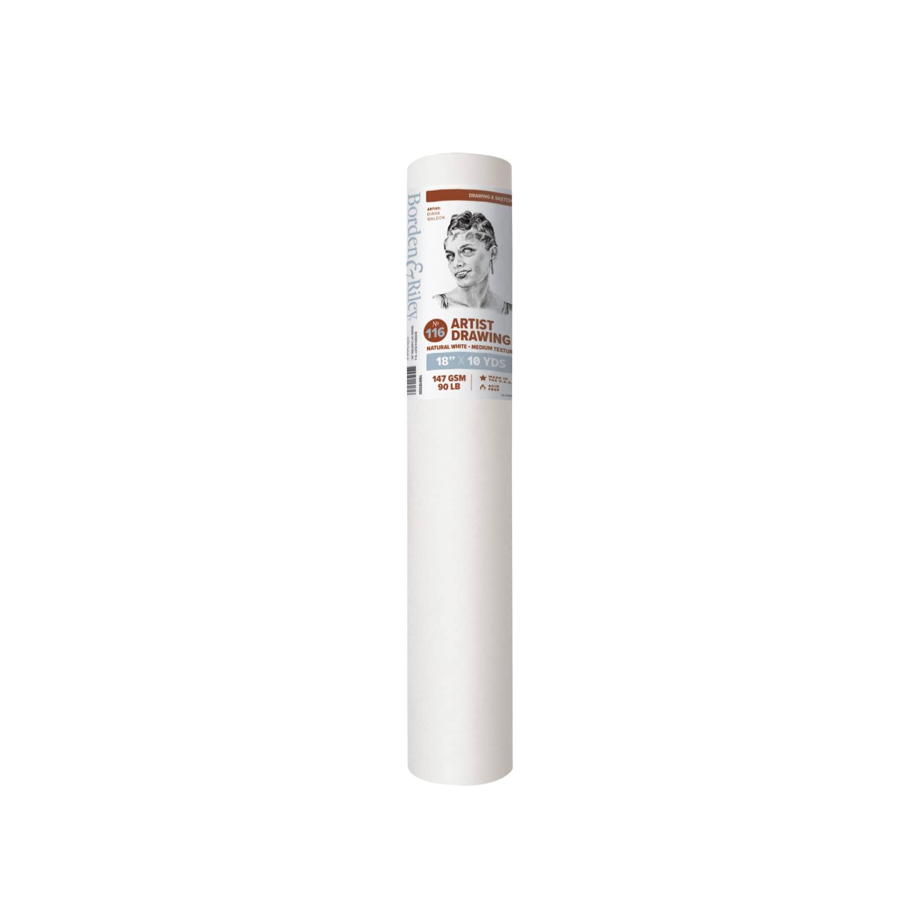 Borden & Riley 18" x 10 Yards #116 Artist Drawing/Sketch Roll, 147 GSM/90 lb., White, 1 Roll Each