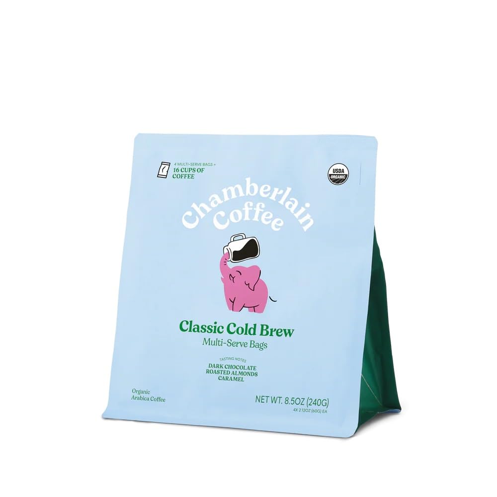 Chamberlain Coffee Organic Cold Brew Large Coffee Bags Medium Roast - Premeasured, Ready to Brew - Makes 4 Cups per Bag - Perfect for Iced Coffee, Convenient and Easy Brewing Experience - 8.5 oz