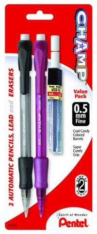 Pentel Champ Mechanical Pencil with Lead and 2 Erasers, (0.5mm), Assorted Barrels Colors, 2 Pack (AL15LEBP2)
