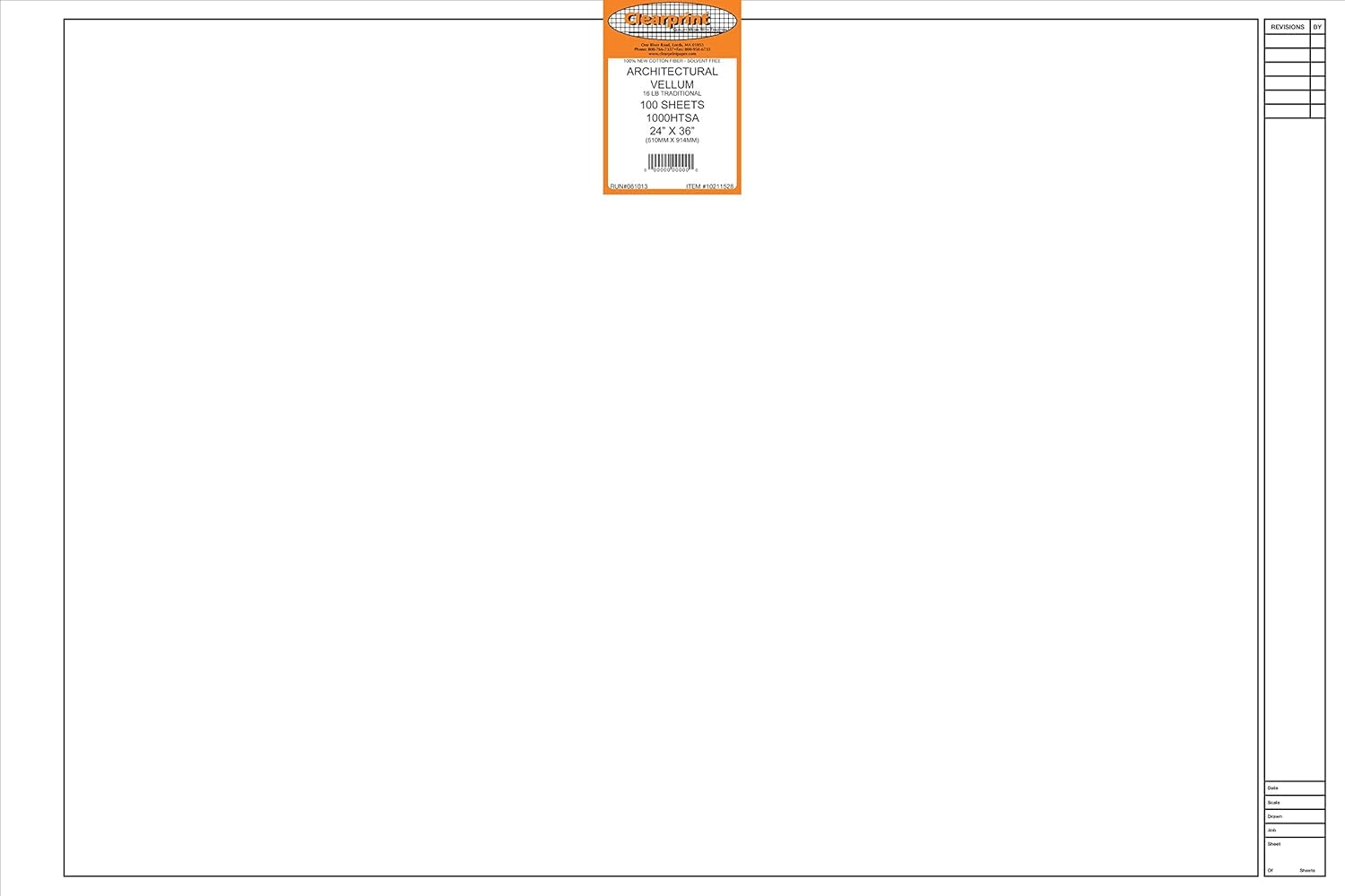 Clearprint 24" x 36" 1000H Design Vellum Sheets with Architect Title Block, 16 lb., 100% Cotton, 100 Sheets Per Pack, 1 Each