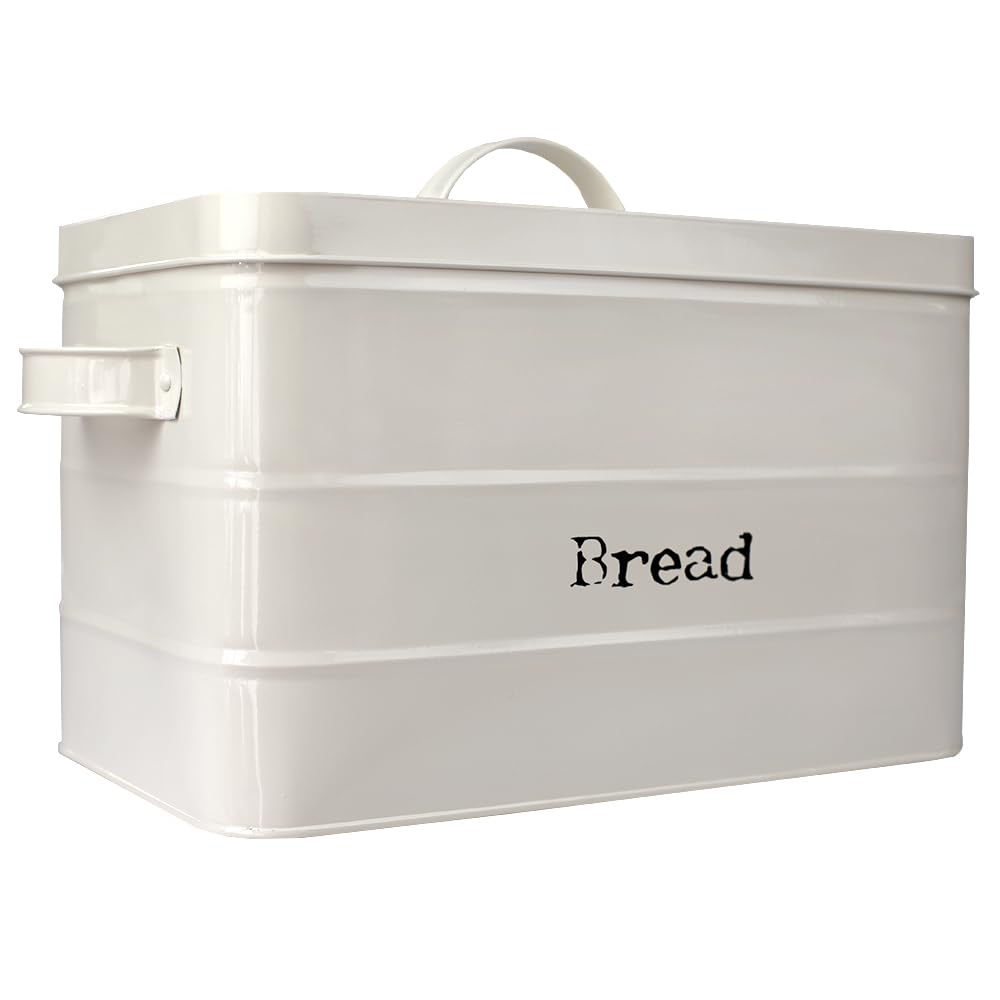 Home Basics Tin Canister Collection, 13-Liter Bread Box with Cover, Kitchen Food Storage Organization, Ivory