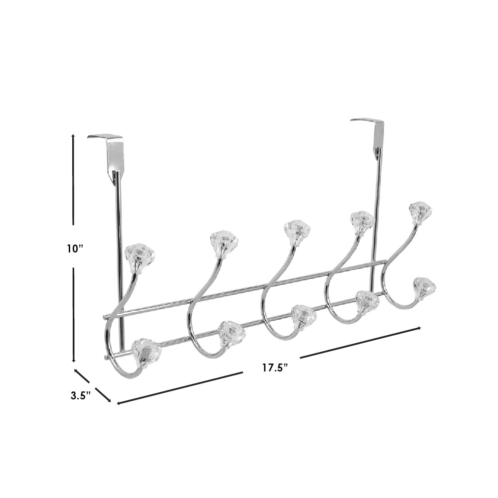 Home Basics 5 Hook Over the Door Hanging Rack with Crystal Knobs, Multipurpose for Hanging Clothes, Coats, Towels Robes, Chrome