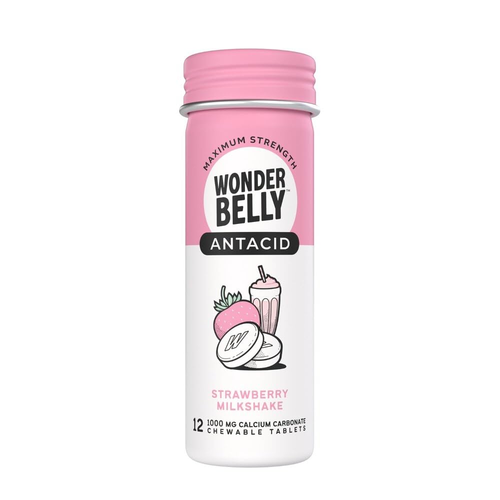 Wonderbelly Antacid, Effective Heartburn & Instant Acid Indigestion Relief, Travel Size Extra Strength Chewable Tablets, 1000 mg Calcium Carbonate, Strawberry Milkshake, 12 Count (Pack of 1)