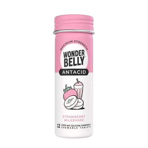 Wonderbelly Antacid, Effective Heartburn & Instant Acid Indigestion Relief, Travel Size Extra Strength Chewable Tablets, 1000 mg Calcium Carbonate, Strawberry Milkshake, 12 Count (Pack of 1)