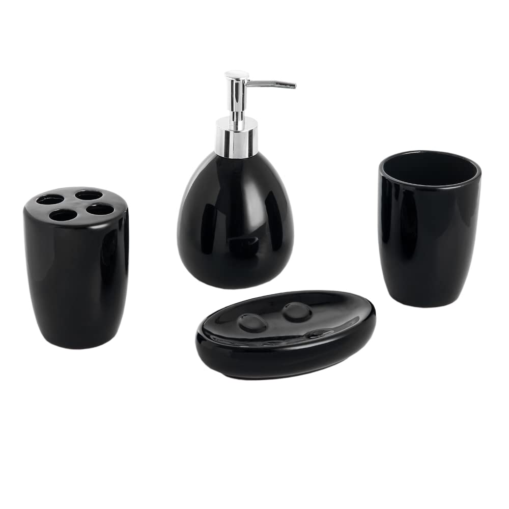 4-Piece Ceramic Bathroom Set (Black), By Home Basics | Contemporary Design Bathroom Accessory Sets | Accessories For Bathroom | Includes Soap Dish, Tumbler, Toothbrush Holder, and Lotion Dispenser