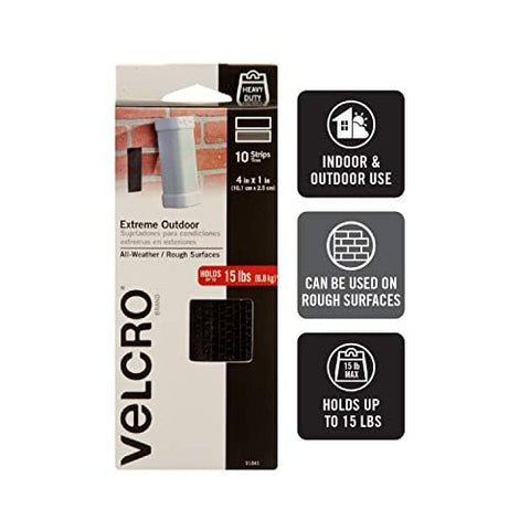 VELCRO Brand Outdoor Heavy Duty Strips | 4in x 1in (10Pk) | Holds 15 lbs | Black Extreme Hook and Loop Tape Industrial Strength Adhesive | Weather Resistance for Rough Surfaces (91841)