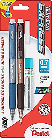 Pentel Twist-Erase Express Automatic Pencil with Lead and Eraser, 0.7mm, Assorted Barrels, 2 Pack (QE417LEBP2)