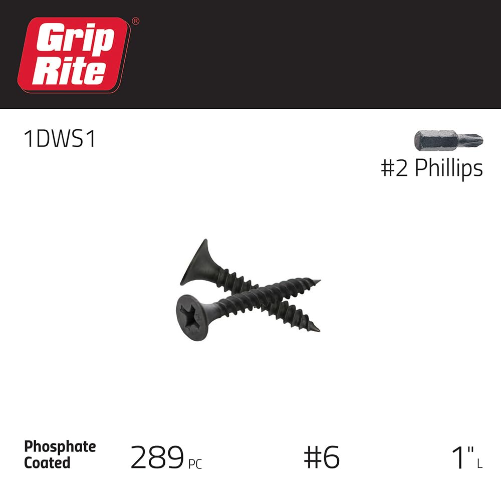 Grip-Rite 1DWS1#6 X 1" Phillips Bugle Head Fine Thread Sharp Point Drywall Screw, 1lb Box