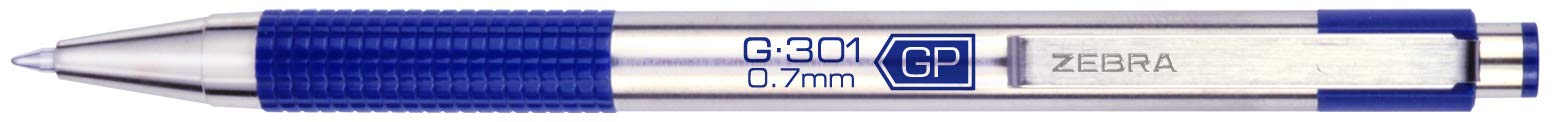 Zebra Pen G-301 Retractable Gel Pen, 0.7mm Medium Point, Stainless Steel Barrel, Textured Grip, Easy Glide Ink Provides a Smooth and Skipless Writing Experience, Blue Ink, 4-Pack (41324)