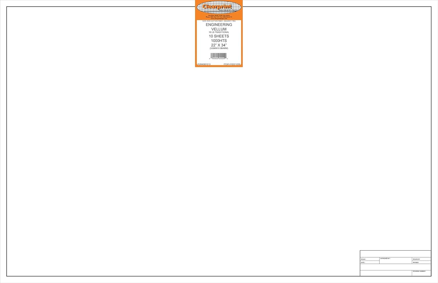Clearprint 22" x 34" 1000H Design Vellum Sheets with Engineer Title Block, 16 lb., 100% Cotton, 10 Sheets Per Pack, 1 Each