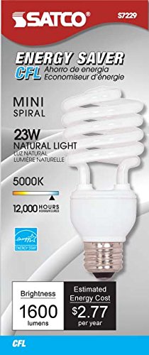 Satco S7229 23-Watt Medium Base T2 Mini Spiral, 5000K, 120V, Equivalent to 100-Watt Incandescent Lamp for Enclosed Fixtures,5000 Daylight White