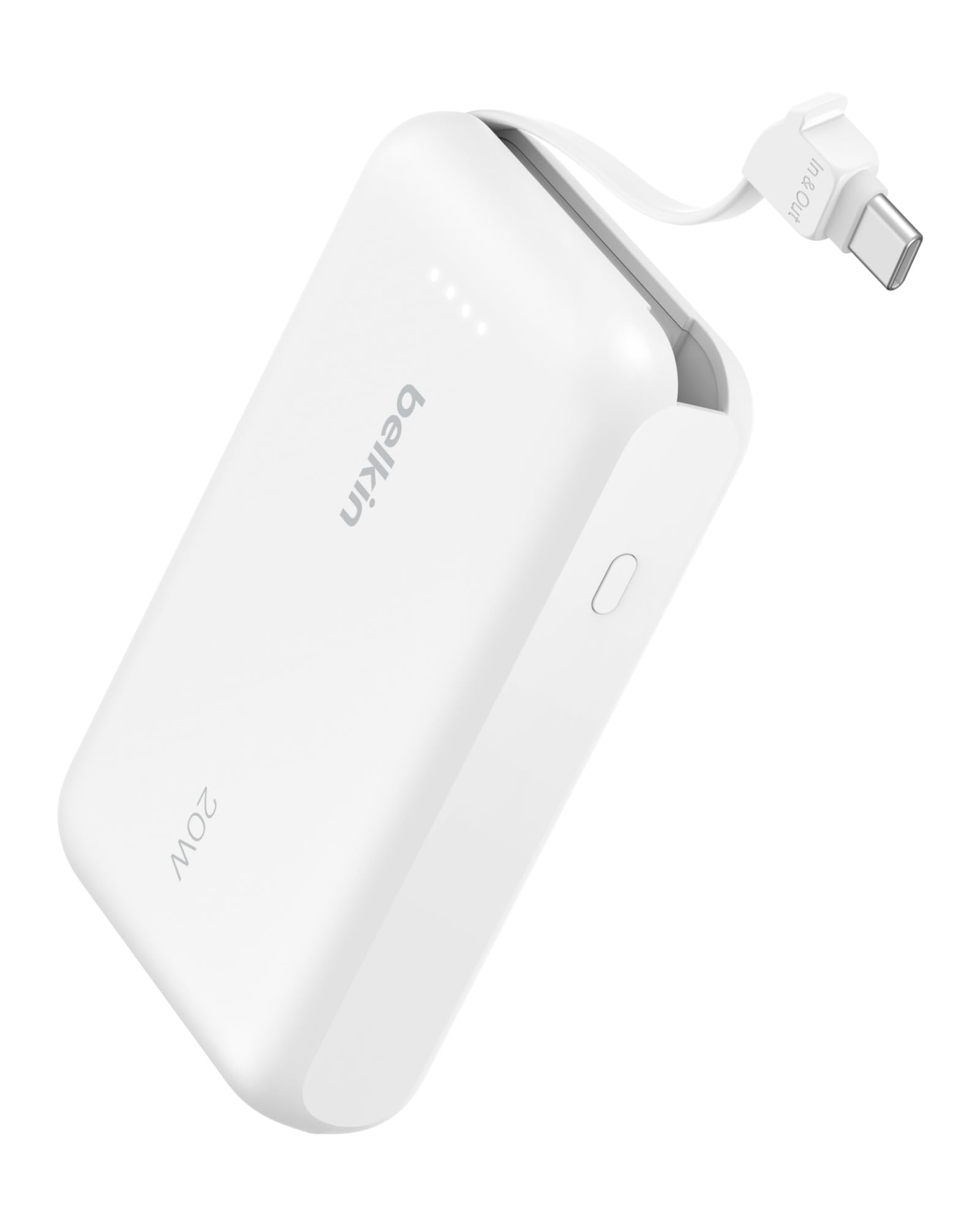 Belkin Portable Charger Power Bank USB C, 10000 mAh w/Integrated Cable, 20W Fast Charge USB-C Power Delivery, iPhone Charger, Apple iPhone 17, Air, Pro, Pro Max, iPad, Samsung Galaxy S25 - White