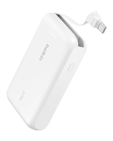 Belkin Portable Charger Power Bank USB C, 10000 mAh w/Integrated Cable, 20W Fast Charge USB-C Power Delivery, iPhone Charger, Apple iPhone 17, Air, Pro, Pro Max, iPad, Samsung Galaxy S25 - White