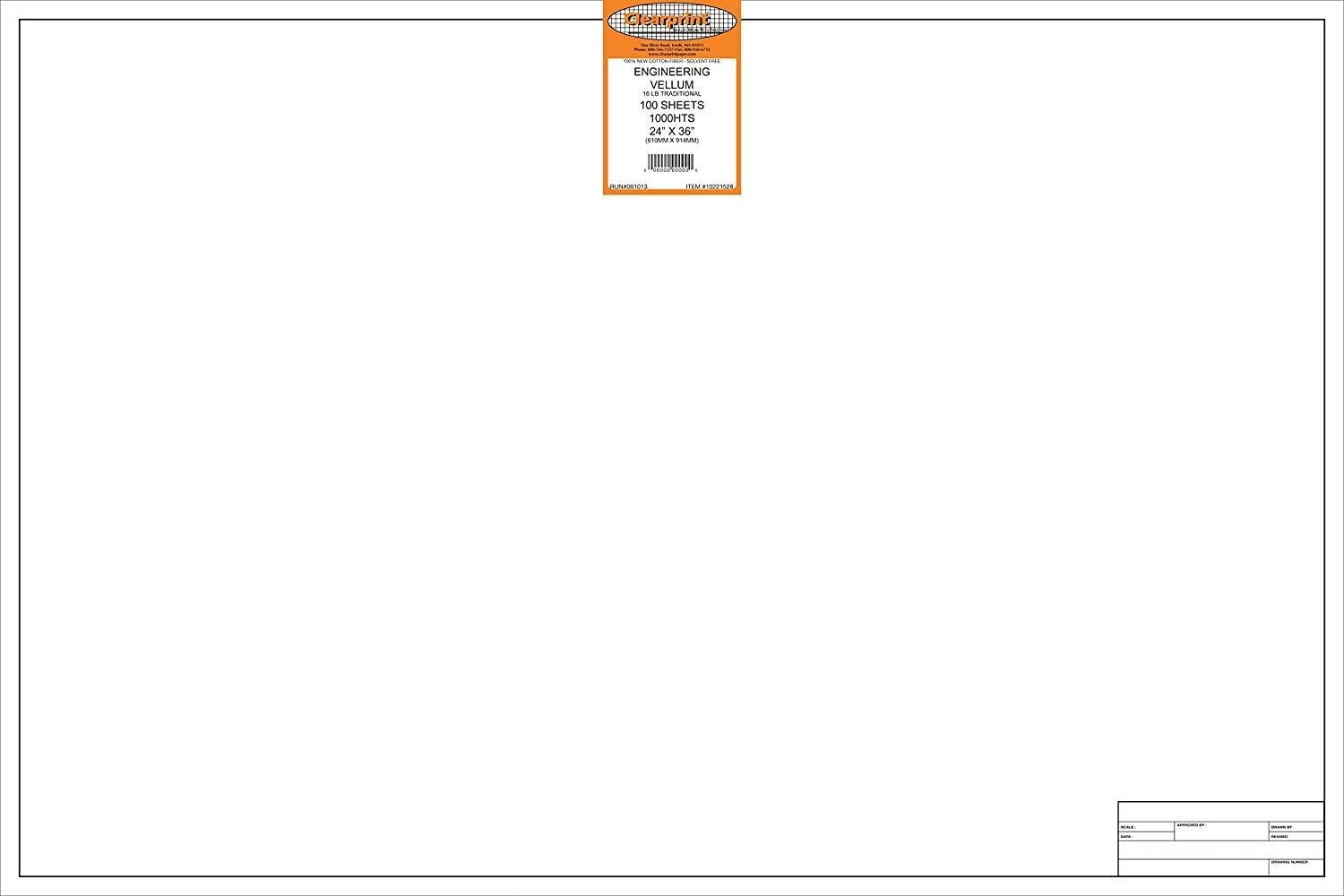 Clearprint 24" x 36" 1000H Design Vellum Sheets with Engineer Title Block, 16 lb., 100% Cotton, 100 Sheets Per Pack, 1 Each