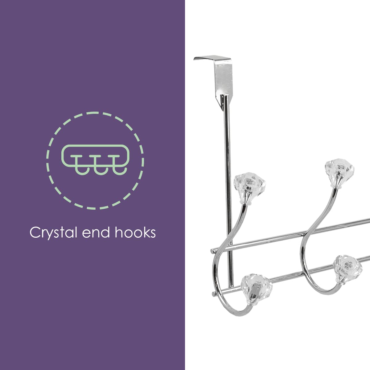 Home Basics 5 Hook Over the Door Hanging Rack with Crystal Knobs, Multipurpose for Hanging Clothes, Coats, Towels Robes, Chrome