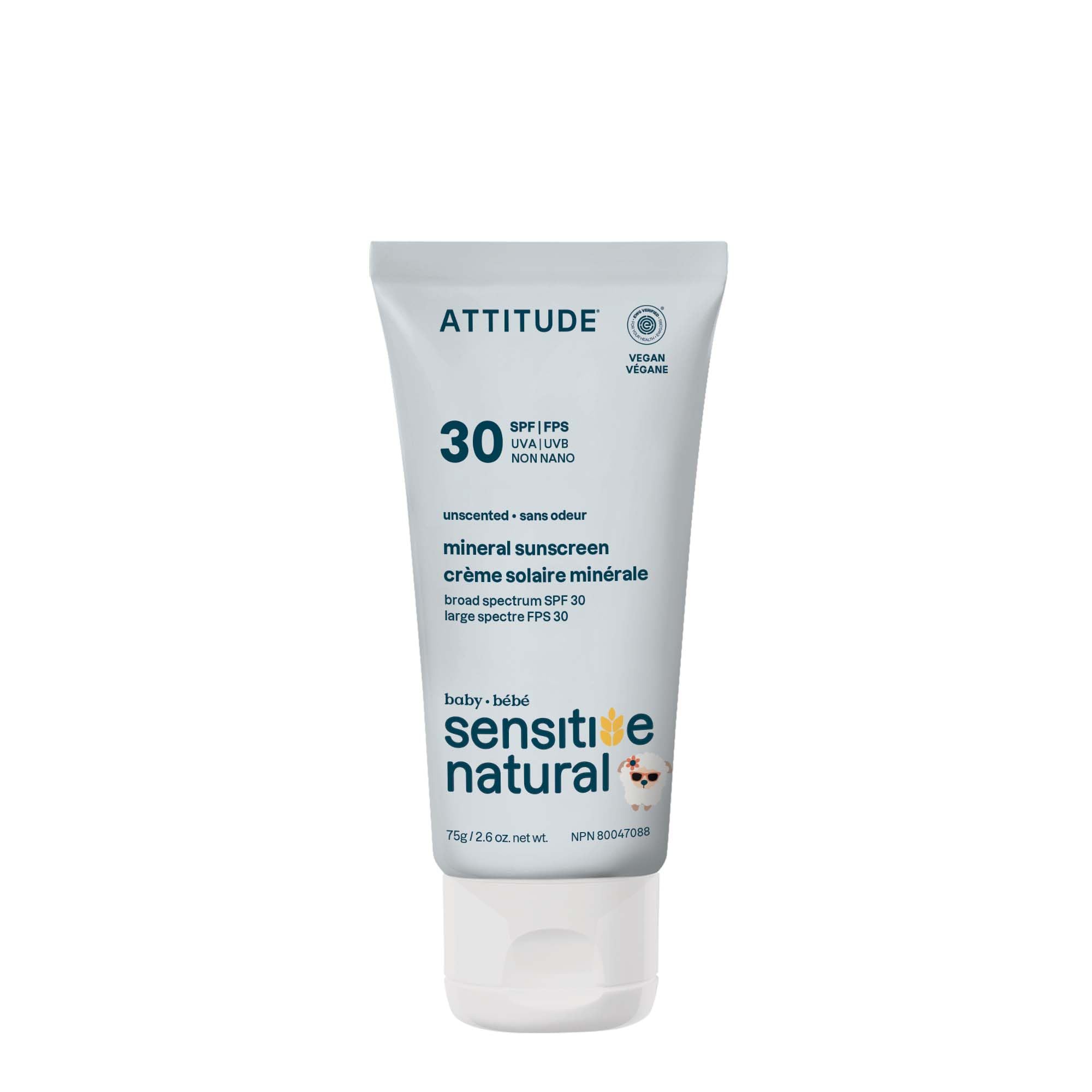 ATTITUDE Mineral Sunscreen for Baby and Kids with Sensitive Skin, EWG Verified, Broad Spectrum UVA/UVB, Dermatologically Tested, Plant and Mineral-Based Formula, Vegan, SPF 30, Unscented, 2.6 Oz