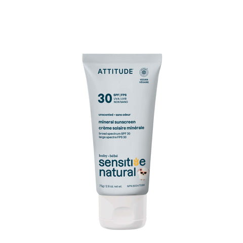 ATTITUDE Mineral Sunscreen for Baby and Kids with Sensitive Skin, EWG Verified, Broad Spectrum UVA/UVB, Dermatologically Tested, Plant and Mineral-Based Formula, Vegan, SPF 30, Unscented, 2.6 Oz