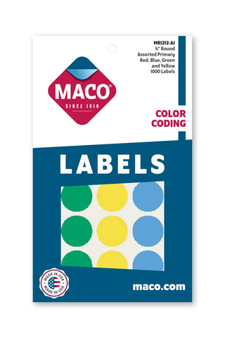MACO Assorted Primary Round Color Coding Labels, 3/4 Inches in Diameter, 1000 Per Box (MR1212-A1)