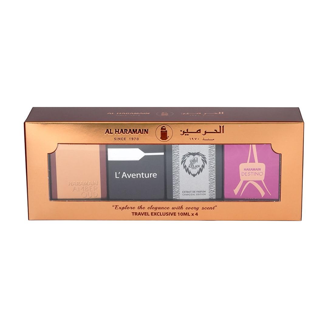 Al Haramain Fragrance Gift Set for Men & Women – 4×10ml each, (Amber Oud Gold Edition + L'aventure + Azlan Oud Charcoal Edition + Destino)