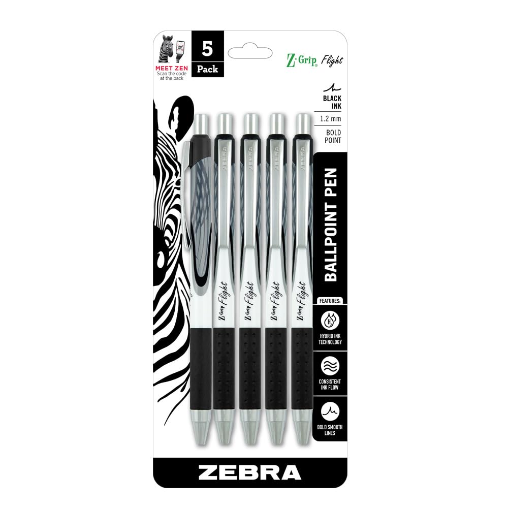 Zebra Pen Z-Grip Flight Retractable Ballpoint Pen, Bold Point 1.2mm, Black Ink, School Supplies, Teacher Supplies, and Office Supplies, Smooth Writing, Quick-Drying, 5-Pack (21915)