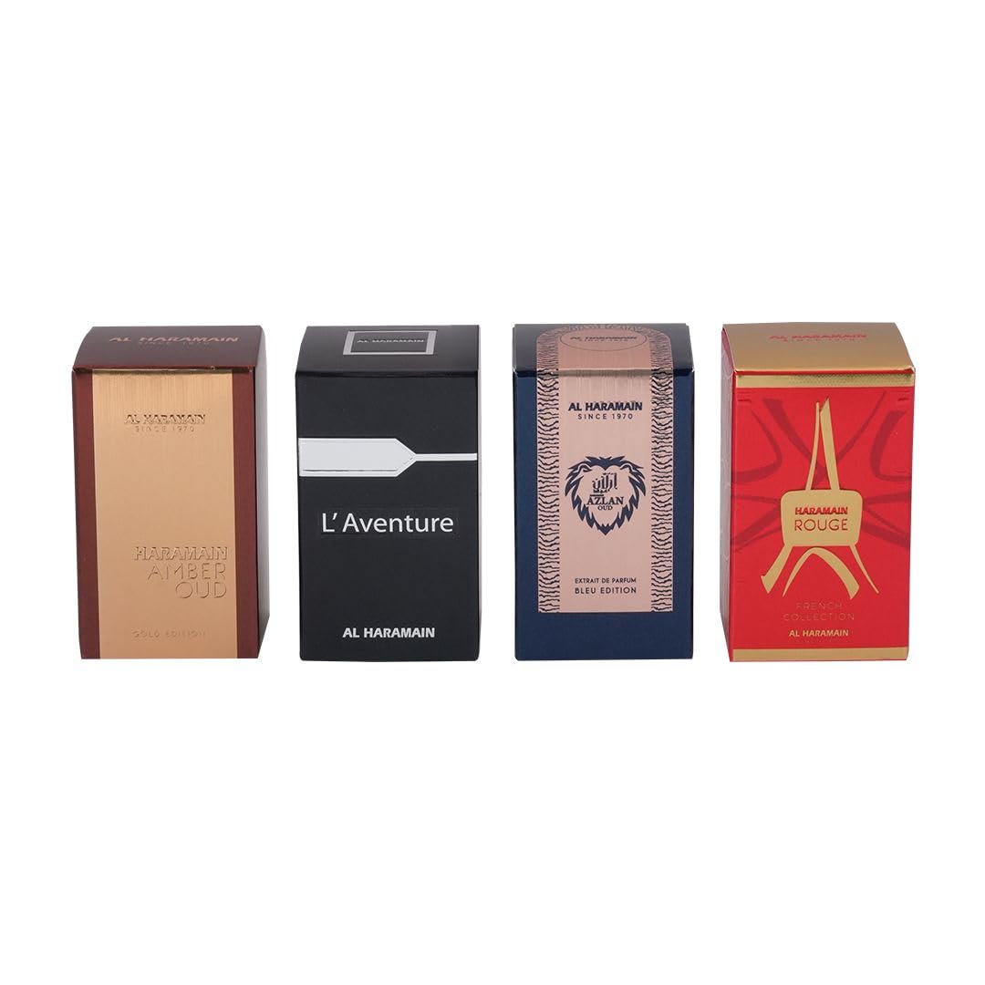 Al Haramain Fragrance Gift Set for Unisex – 4×10ml Each, (Amber Oud Gold Edition + L'aventure + Azlan Oud Bleu Edition + Rouge)