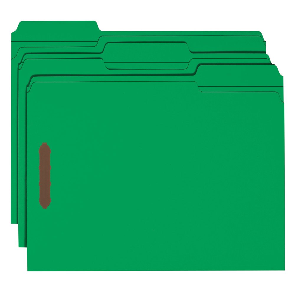 Smead 100% Recycled Fastener File Folder, 2 Fasteners, Reinforced 1/3-Cut Tab, Letter Size, Green, 50 per Box (12141)