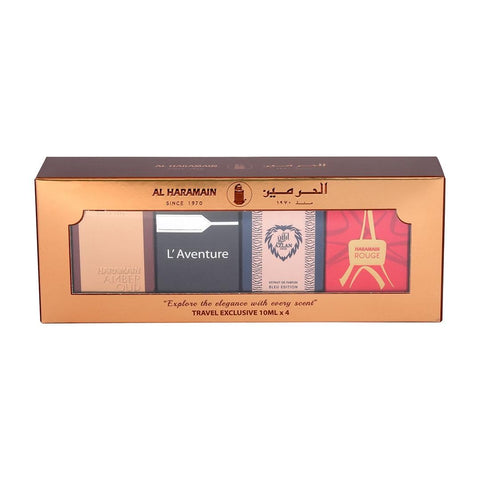 Al Haramain Fragrance Gift Set for Unisex – 4×10ml Each, (Amber Oud Gold Edition + L'aventure + Azlan Oud Bleu Edition + Rouge)