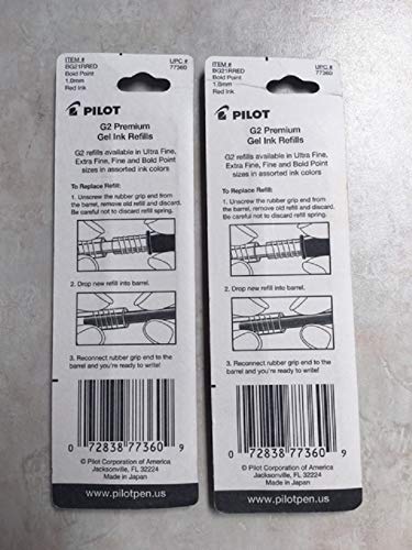 Pilot, G2 Gel Ink Refills, Bold Point 1 mm, Red, Pack of 2