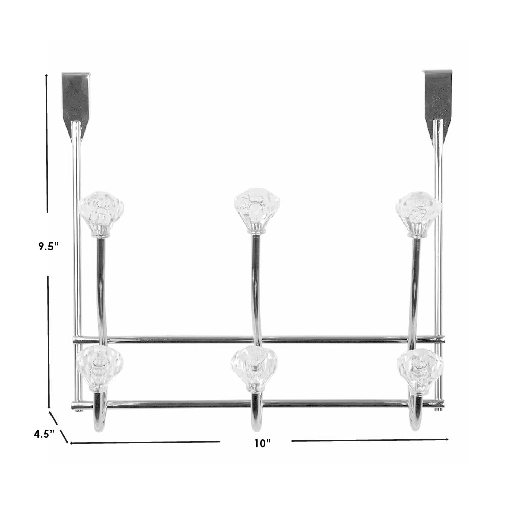 Home Basics 3 Hook Over the Door Hooks with Crystal Knobs, Organize Clothes, Coats, Robes, Towels For Bedroom, Bathroom Or Closet, Chrome