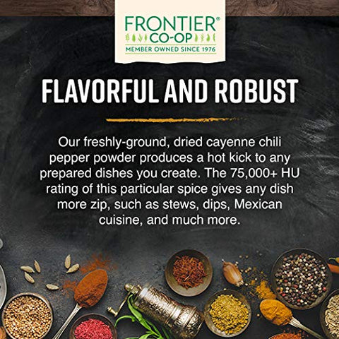 Frontier Co-op Organic Ground Cayenne Chili Peppers, 50,000 HU, Certified Organic, Kosher | 16 Ounce (Pack of 1)