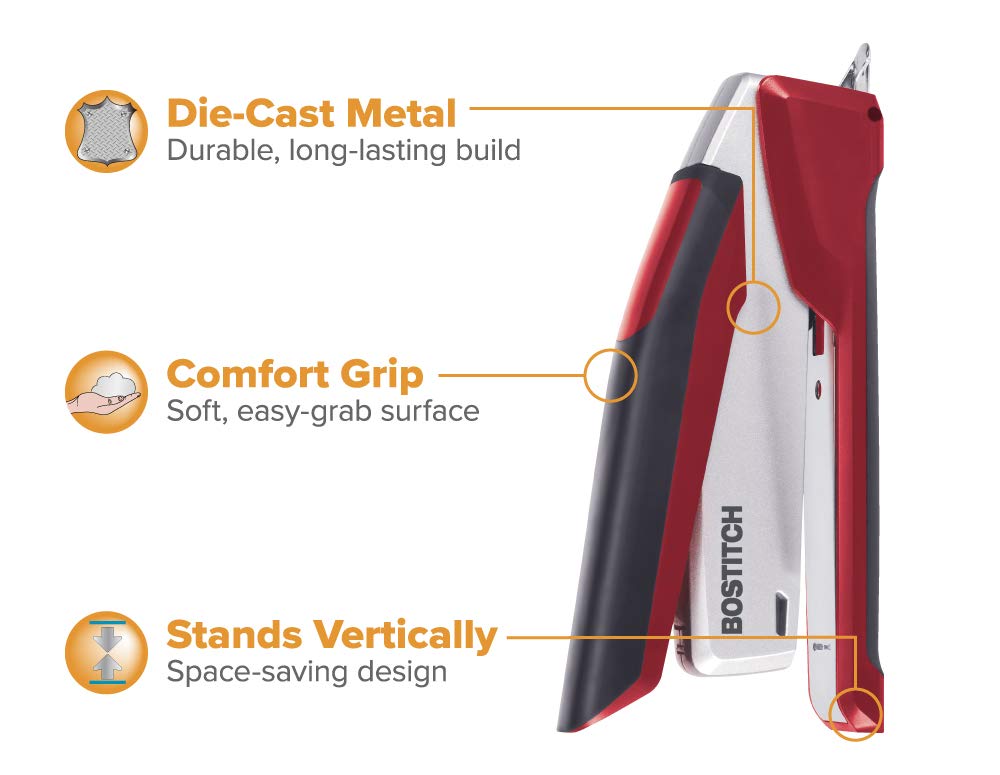 Bostitch Office InPower Spring-Powered Premium Desktop Stapler - One Finger, No Effort, Red/Silver (1117)