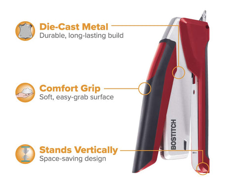 Bostitch Office InPower Spring-Powered Premium Desktop Stapler - One Finger, No Effort, Red/Silver (1117)