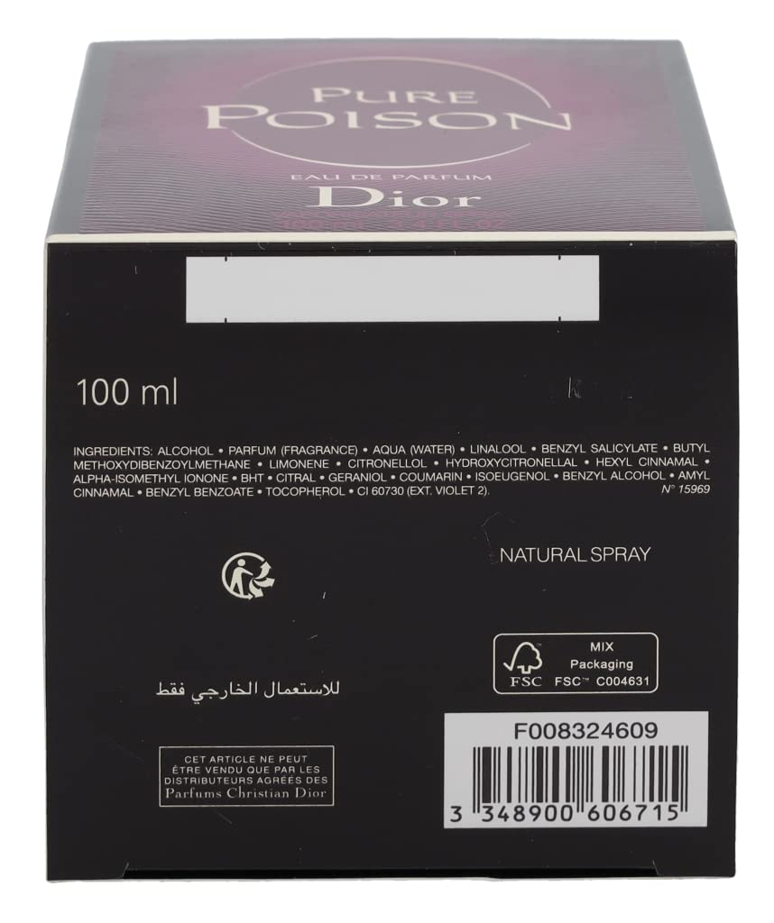 Christian Dior Pure Poison Eau de Parfum Spray, 3.4 Ounce, floral fragrance, Multicolor