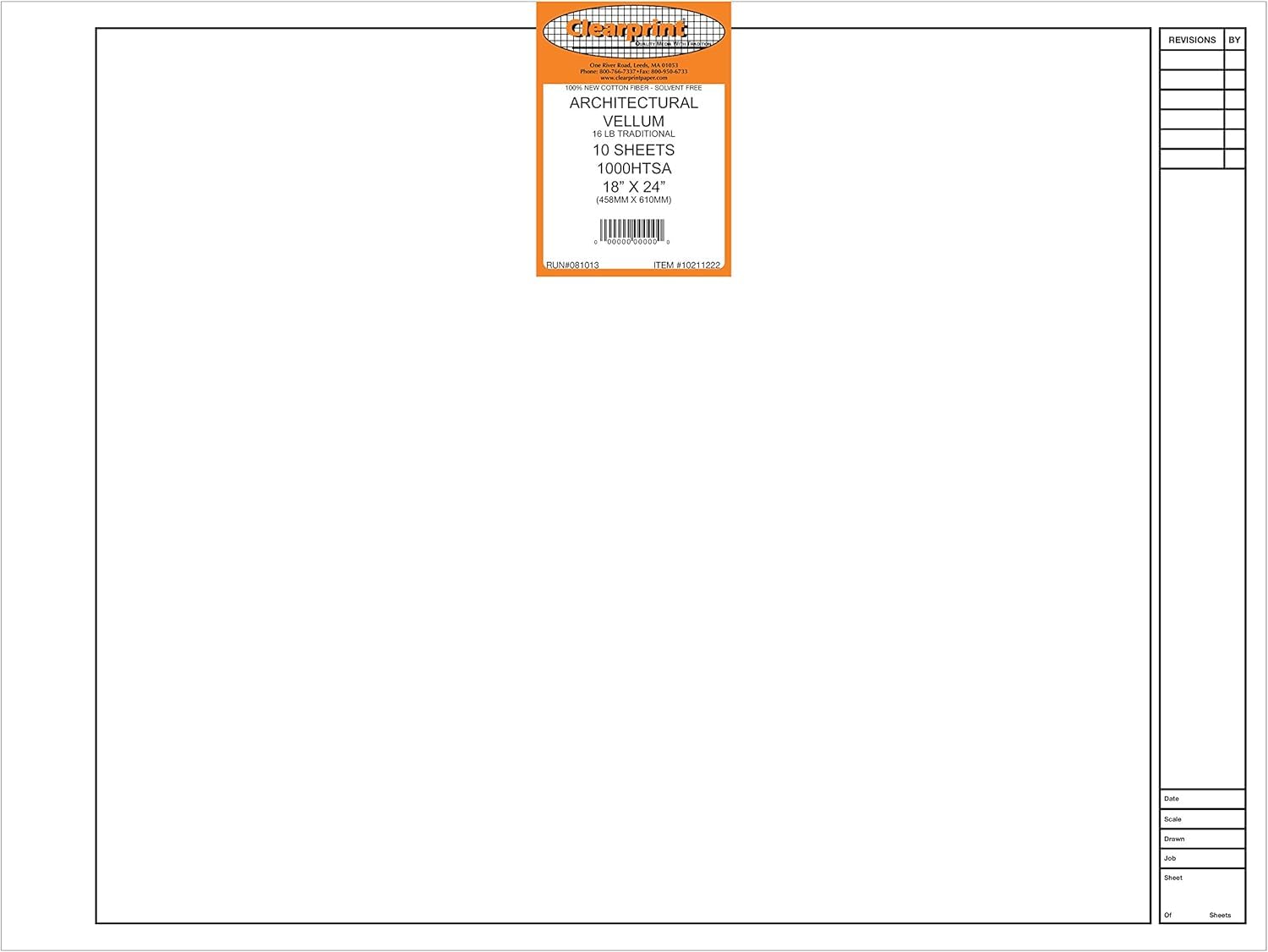 Clearprint 18" x 24" 1000H Design Vellum Sheets with Architect Title Block, 16 lb., 100% Cotton, 10 Sheets Per Pack, 1 Each