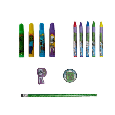 Innovative Designs Mine Craft Kids Coloring Art and Sticker Set,30 Pcs.School and Craft Supplies with Pencil Case,Blue