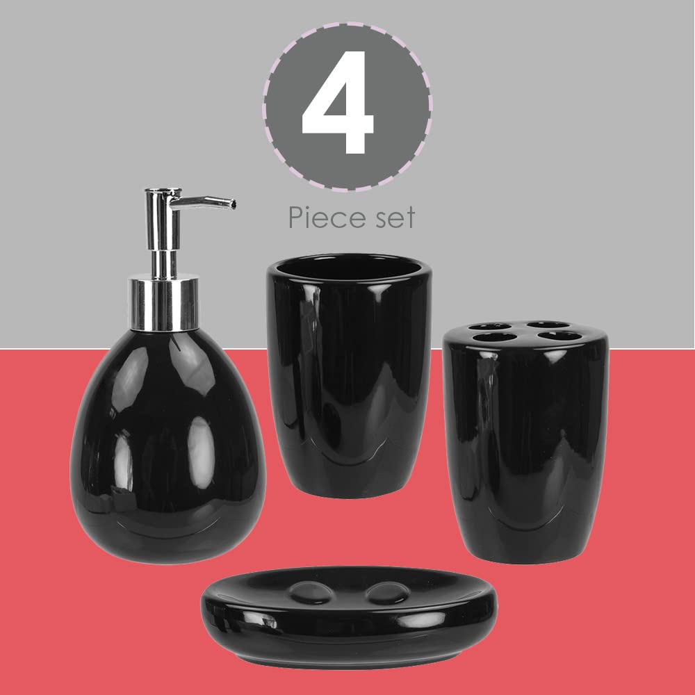 4-Piece Ceramic Bathroom Set (Black), By Home Basics | Contemporary Design Bathroom Accessory Sets | Accessories For Bathroom | Includes Soap Dish, Tumbler, Toothbrush Holder, and Lotion Dispenser