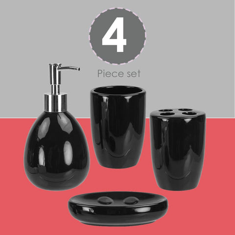 4-Piece Ceramic Bathroom Set (Black), By Home Basics | Contemporary Design Bathroom Accessory Sets | Accessories For Bathroom | Includes Soap Dish, Tumbler, Toothbrush Holder, and Lotion Dispenser