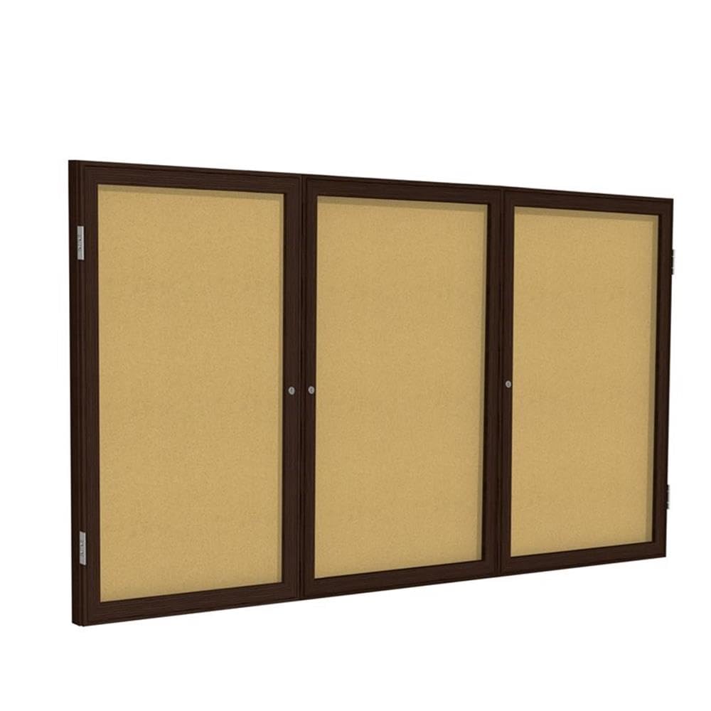 Ghent 36" x 72" 3-Door indoor Enclosed Bulletin Board, Shatter Resistant, with Lock, Wood Frame Walnut Finish Natural Cork (PN33672K) Made in the USA