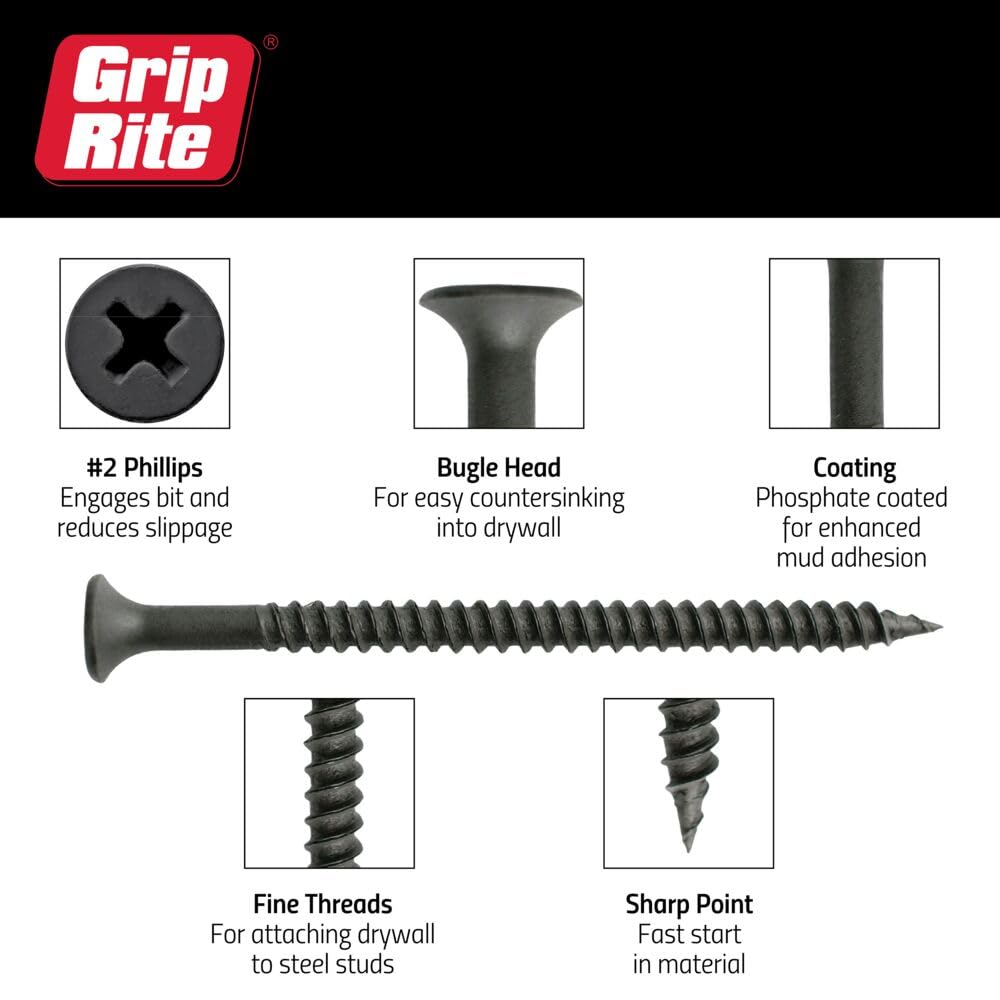 Grip-Rite 1DWS1#6 X 1" Phillips Bugle Head Fine Thread Sharp Point Drywall Screw, 1lb Box