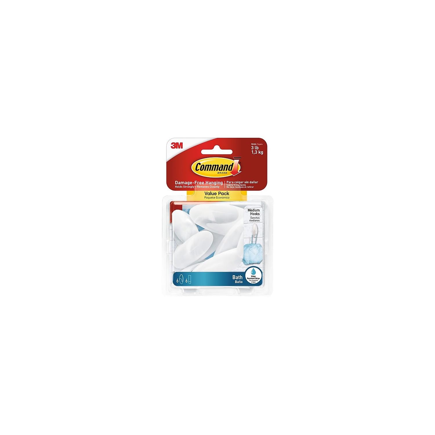 Command Bath Medium Hook Value Pack, Total 12 Medium Hooks with 6 Water Resistant Strips, 2-Pack of 6 Hooks, Organize Damage-Free