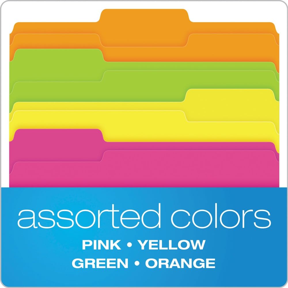 Pendaflex Glow File Folders, 1/3 Cut, 8 1/2" x 11", Letter Size, Assorted Colors, Pack of 24