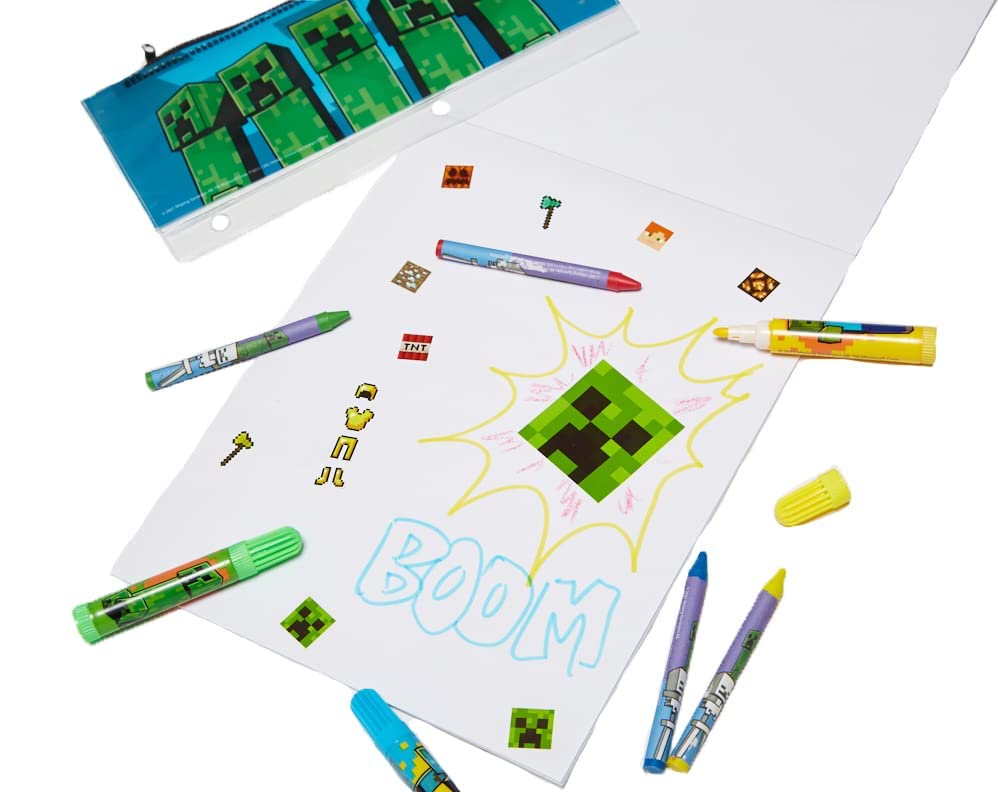 Innovative Designs Mine Craft Kids Coloring Art and Sticker Set,30 Pcs.School and Craft Supplies with Pencil Case,Blue