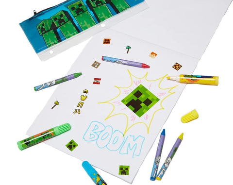 Innovative Designs Mine Craft Kids Coloring Art and Sticker Set,30 Pcs.School and Craft Supplies with Pencil Case,Blue