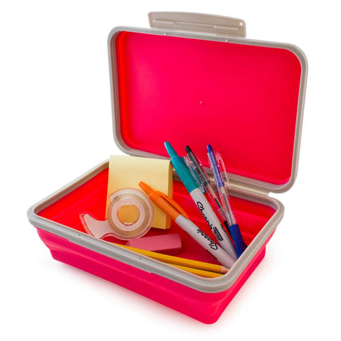 It's Academic Flexi Storage Box with Lid, Collapsible Pencil Case Design for Craft and School Supplies, Pink/Gray