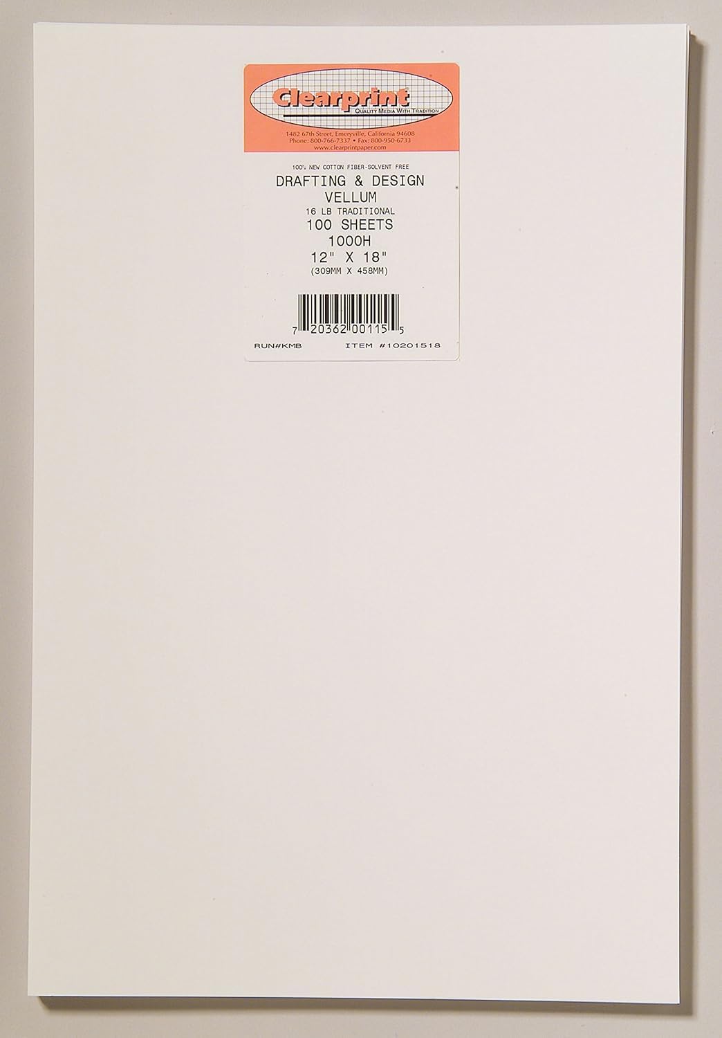 Clearprint 12" x 18" 1000H Design Vellum Sheets, 16 lb., 100% Cotton, 100 Sheets Per Pack, 1 Each