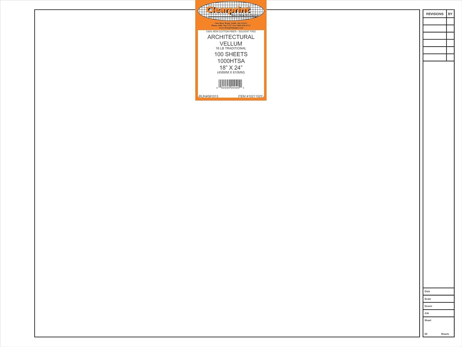 Clearprint 18" x 24" 1000H Design Vellum Sheets with Architect Title Block, 16 lb., 100% Cotton, 100 Sheets Per Pack, 1 Each