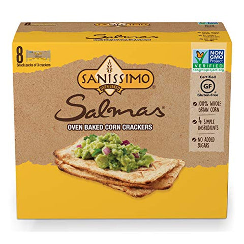 Sanissimo Salmas Oven Baked Corn Crackers, 100% Whole Grain Corn, Gluten Free, Non-GMO Project Verified, 8 Individually Wrapped Snack Packs (3 Crackers Each)